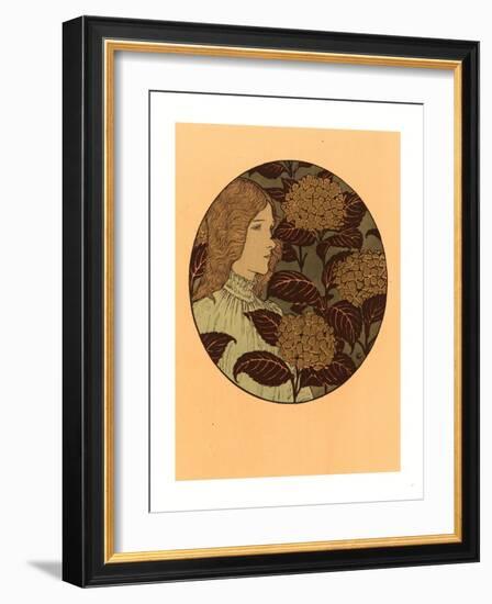 Roundel Portrait of a Girl, French, 1841 1917, Lithograph in Green, Black, and Gold-Eugene Grasset-Framed Giclee Print