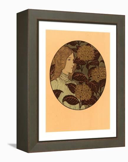 Roundel Portrait of a Girl, French, 1841 1917, Lithograph in Green, Black, and Gold-Eugene Grasset-Framed Premier Image Canvas