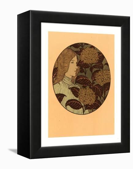 Roundel Portrait of a Girl, French, 1841 1917, Lithograph in Green, Black, and Gold-Eugene Grasset-Framed Premier Image Canvas