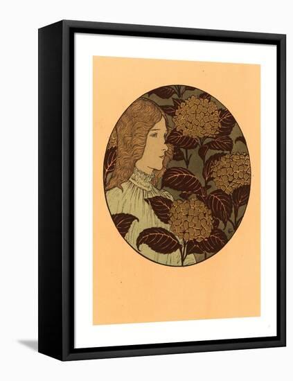 Roundel Portrait of a Girl, French, 1841 1917, Lithograph in Green, Black, and Gold-Eugene Grasset-Framed Premier Image Canvas