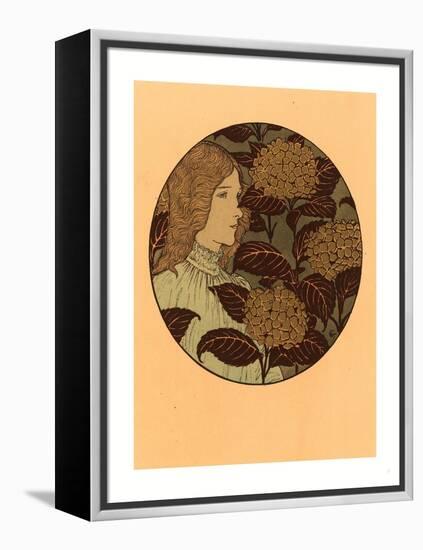 Roundel Portrait of a Girl, French, 1841 1917, Lithograph in Green, Black, and Gold-Eugene Grasset-Framed Premier Image Canvas