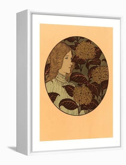 Roundel Portrait of a Girl, French, 1841 1917, Lithograph in Green, Black, and Gold-Eugene Grasset-Framed Premier Image Canvas