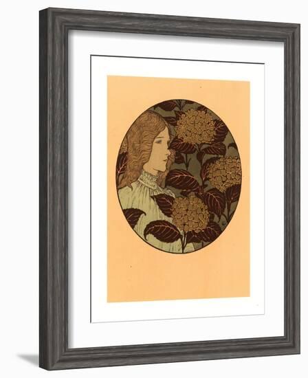 Roundel Portrait of a Girl, French, 1841 1917, Lithograph in Green, Black, and Gold-Eugene Grasset-Framed Premium Giclee Print