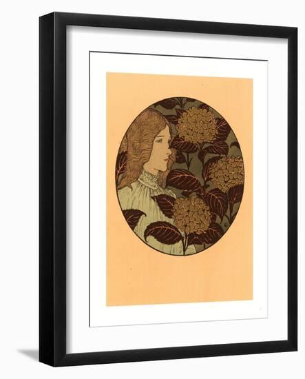 Roundel Portrait of a Girl, French, 1841 1917, Lithograph in Green, Black, and Gold-Eugene Grasset-Framed Premium Giclee Print