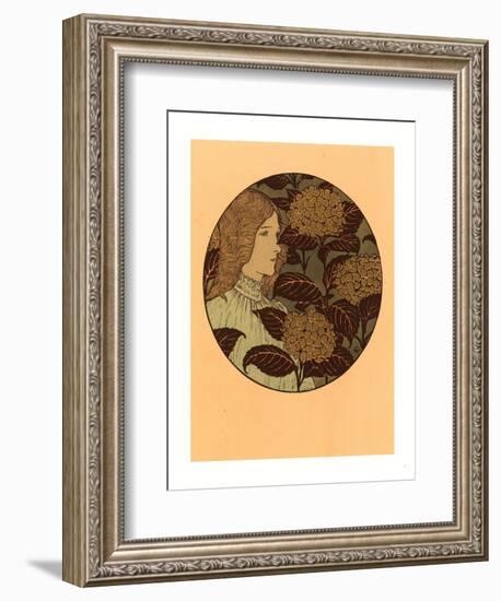 Roundel Portrait of a Girl, French, 1841 1917, Lithograph in Green, Black, and Gold-Eugene Grasset-Framed Giclee Print