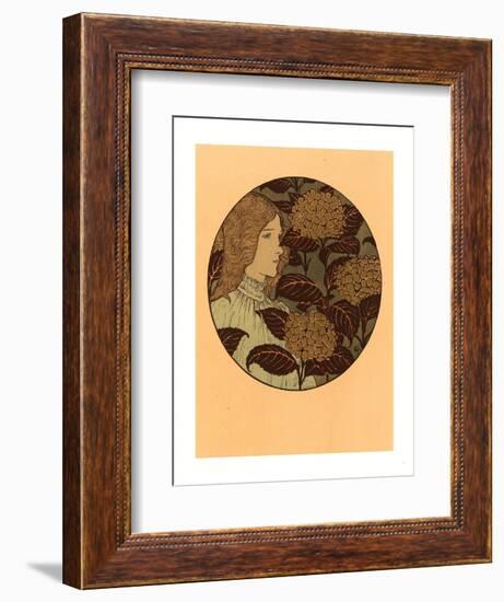 Roundel Portrait of a Girl, French, 1841 1917, Lithograph in Green, Black, and Gold-Eugene Grasset-Framed Giclee Print