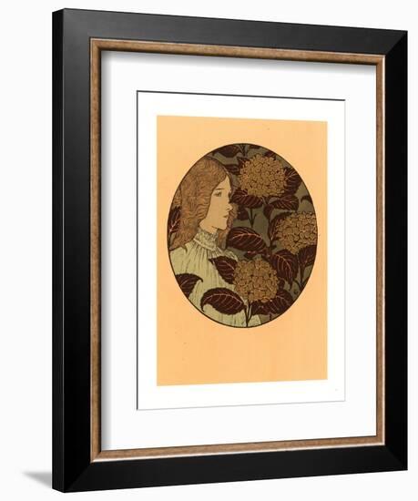 Roundel Portrait of a Girl, French, 1841 1917, Lithograph in Green, Black, and Gold-Eugene Grasset-Framed Giclee Print