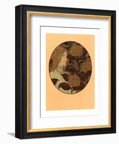 Roundel Portrait of a Girl, French, 1841 1917, Lithograph in Green, Black, and Gold-Eugene Grasset-Framed Giclee Print