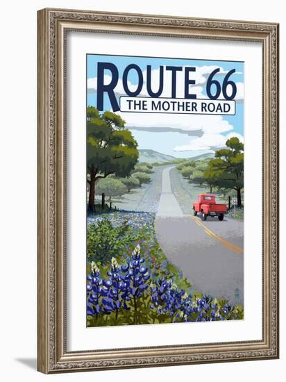 Route 66 - Highway and Wildflowers-Lantern Press-Framed Art Print