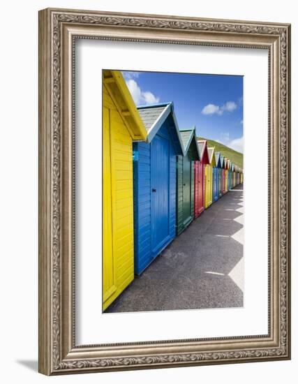 Row of Colourful Beach Huts and their Shadows with Green Hill Backdrop-Eleanor Scriven-Framed Photographic Print