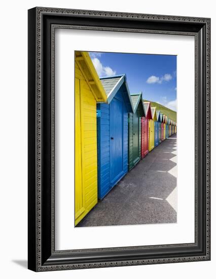 Row of Colourful Beach Huts and their Shadows with Green Hill Backdrop-Eleanor Scriven-Framed Photographic Print