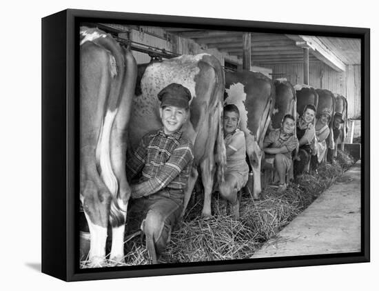 Row of Cows' Rumps, with Fat Cheeked Family of Six Milking Them, in Neat Cow Barn-Alfred Eisenstaedt-Framed Premier Image Canvas