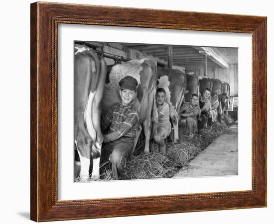 Row of Cows' Rumps, with Fat Cheeked Family of Six Milking Them, in Neat Cow Barn-Alfred Eisenstaedt-Framed Photographic Print