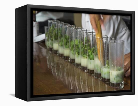 Row of Glasses on a Bar with Barman Preparing Mojito Cocktails, Habana Vieja, Havana, Cuba-Eitan Simanor-Framed Premier Image Canvas