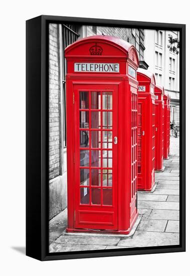 Row Of Iconic London Red Phone Cabins With The Rest Of The Picture In Black And White-Kamira-Framed Premier Image Canvas