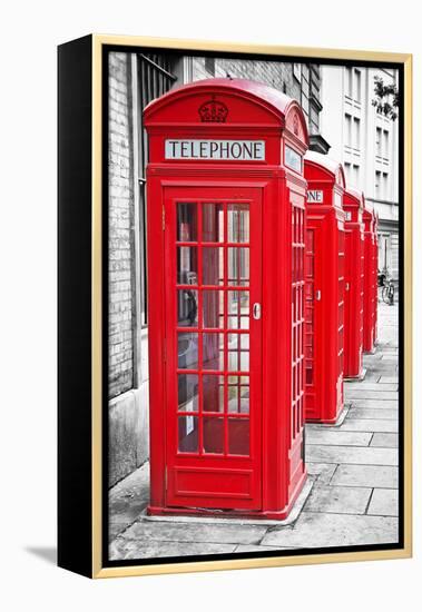 Row Of Iconic London Red Phone Cabins With The Rest Of The Picture In Black And White-Kamira-Framed Premier Image Canvas