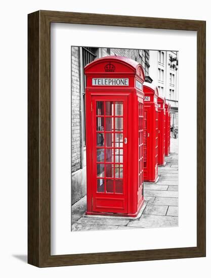 Row Of Iconic London Red Phone Cabins With The Rest Of The Picture In Black And White-Kamira-Framed Photographic Print