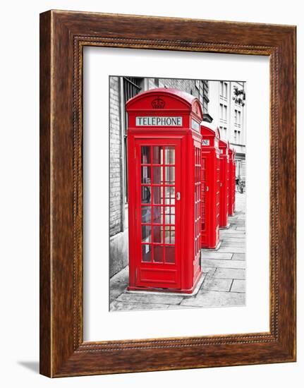 Row Of Iconic London Red Phone Cabins With The Rest Of The Picture In Black And White-Kamira-Framed Photographic Print