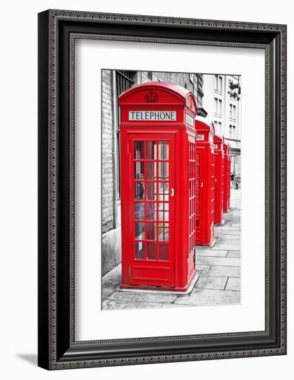 Row Of Iconic London Red Phone Cabins With The Rest Of The Picture In Black And White-Kamira-Framed Photographic Print