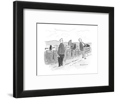 Row Of Mailboxes One Of Which Is A Cornucopia Man Walking Away With A B New Yorker Cartoon Premium Giclee Print By Danny Shanahan Artcom