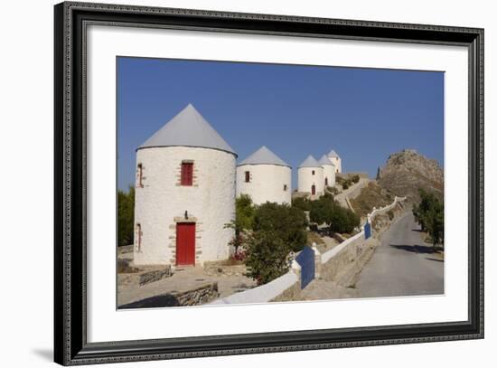 Row of Old Windmills on Pitiki Hill Below Panteli Castle, Greek Islands-Nick Upton-Framed Photographic Print