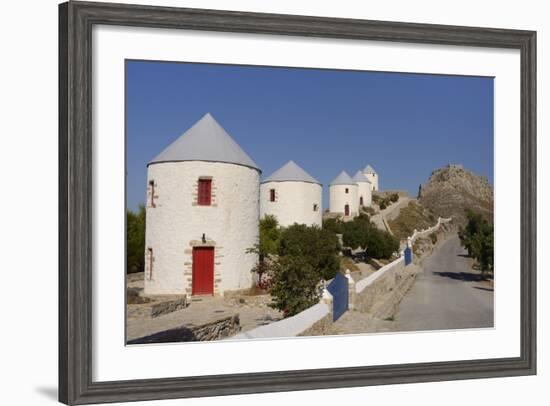 Row of Old Windmills on Pitiki Hill Below Panteli Castle, Greek Islands-Nick Upton-Framed Photographic Print