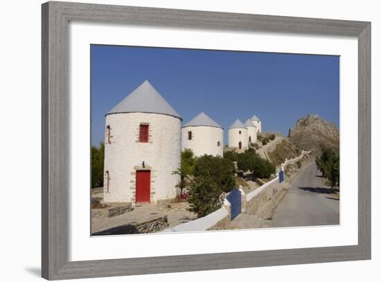 Row of Old Windmills on Pitiki Hill Below Panteli Castle, Greek Islands-Nick Upton-Framed Photographic Print