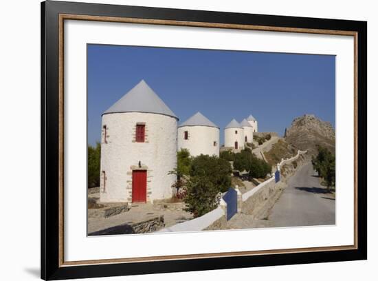 Row of Old Windmills on Pitiki Hill Below Panteli Castle, Greek Islands-Nick Upton-Framed Photographic Print