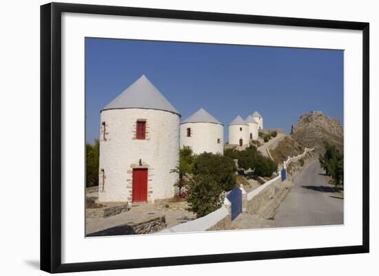 Row of Old Windmills on Pitiki Hill Below Panteli Castle, Greek Islands-Nick Upton-Framed Photographic Print