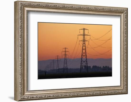 Row of Power Pylons at Sunset, Mid Canterbury, South Island, New Zealand-David Wall-Framed Photographic Print