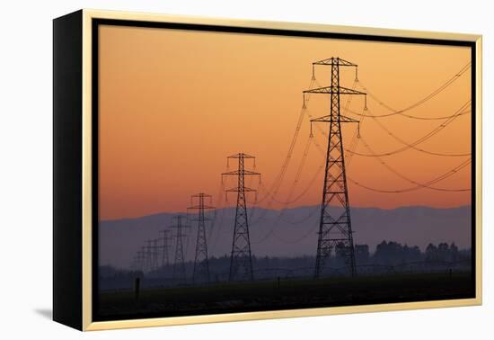 Row of Power Pylons at Sunset, Mid Canterbury, South Island, New Zealand-David Wall-Framed Premier Image Canvas