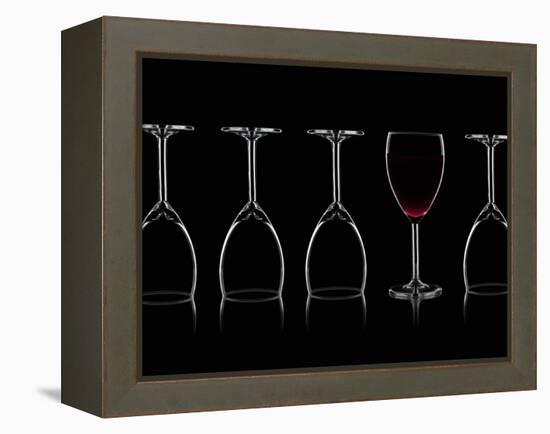 Row of Wine Glasses and a Glass of Red Wine Against a Black Background-Shawn Hempel-Framed Premier Image Canvas