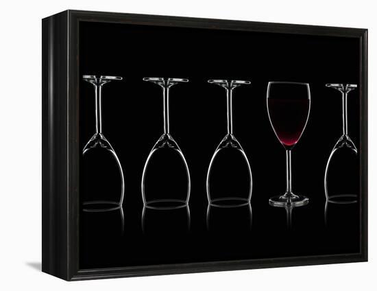 Row of Wine Glasses and a Glass of Red Wine Against a Black Background-Shawn Hempel-Framed Premier Image Canvas