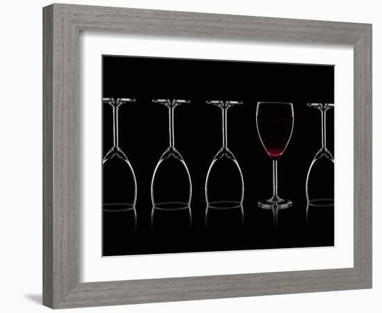 Row of Wine Glasses and a Glass of Red Wine Against a Black Background-Shawn Hempel-Framed Photographic Print