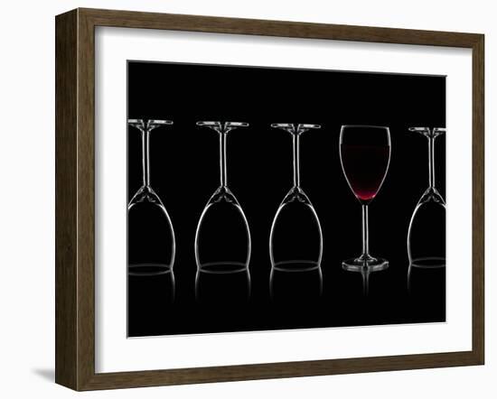 Row of Wine Glasses and a Glass of Red Wine Against a Black Background-Shawn Hempel-Framed Photographic Print