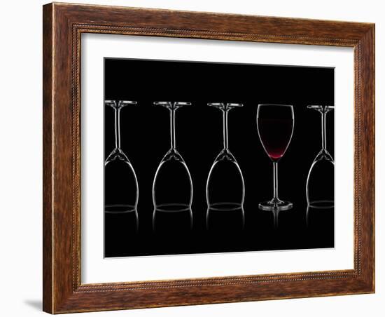 Row of Wine Glasses and a Glass of Red Wine Against a Black Background-Shawn Hempel-Framed Photographic Print