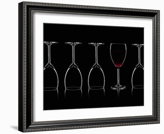 Row of Wine Glasses and a Glass of Red Wine Against a Black Background-Shawn Hempel-Framed Photographic Print