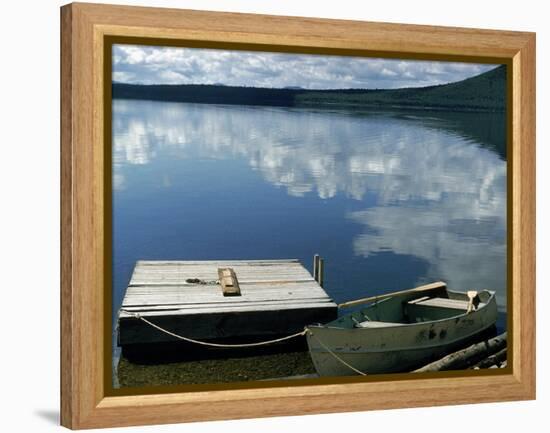 Rowboat Moored at Edge of Lake Showing Reflections of Clouds in Its Still Waters, in New England-Dmitri Kessel-Framed Premier Image Canvas