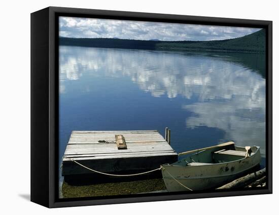 Rowboat Moored at Edge of Lake Showing Reflections of Clouds in Its Still Waters, in New England-Dmitri Kessel-Framed Premier Image Canvas