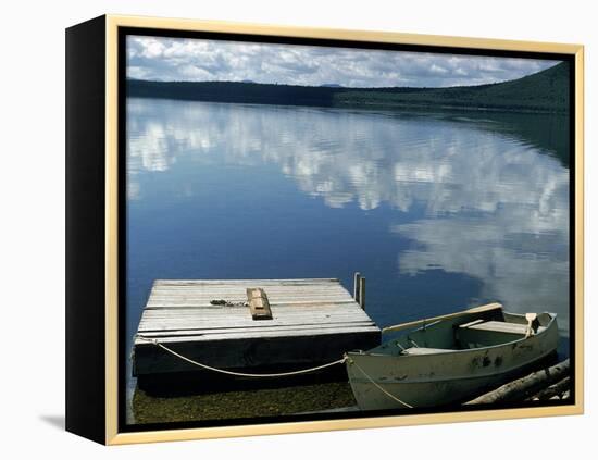 Rowboat Moored at Edge of Lake Showing Reflections of Clouds in Its Still Waters, in New England-Dmitri Kessel-Framed Premier Image Canvas