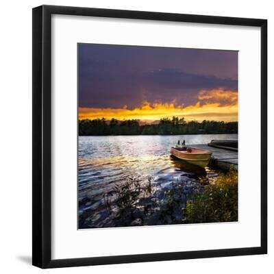 'Rowboat Tied to Dock on Beautiful Lake with Dramatic Sunset ...