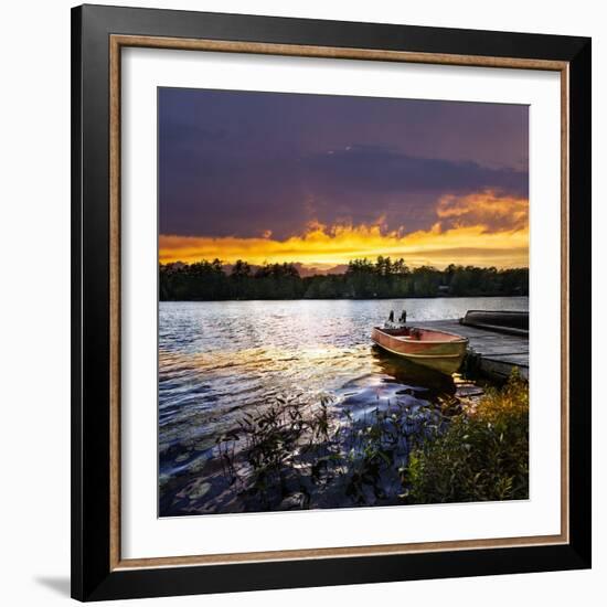 Rowboat Tied to Dock on Beautiful Lake with Dramatic Sunset-elenathewise-Framed Photographic Print