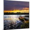 Rowboat Tied to Dock on Beautiful Lake with Dramatic Sunset-elenathewise-Mounted Photographic Print