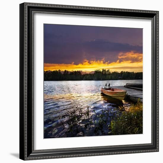 Rowboat Tied to Dock on Beautiful Lake with Dramatic Sunset-elenathewise-Framed Photographic Print