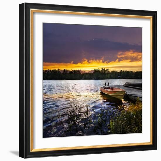 Rowboat Tied to Dock on Beautiful Lake with Dramatic Sunset-elenathewise-Framed Photographic Print