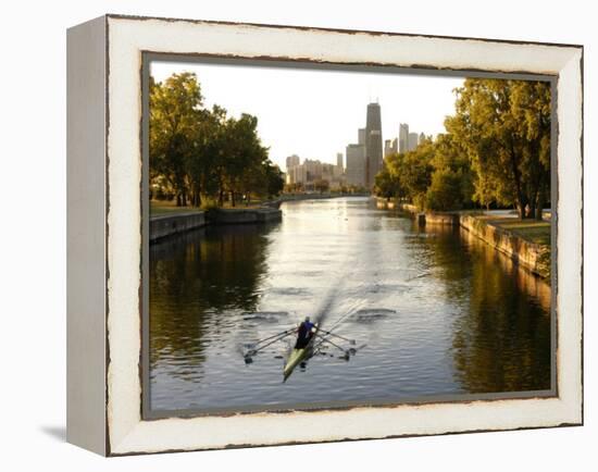 Rowers in Lincoln Park lagoon at dawn, Chicago, Illinois, USA-Alan Klehr-Framed Premier Image Canvas