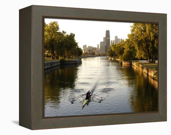 Rowers in Lincoln Park lagoon at dawn, Chicago, Illinois, USA-Alan Klehr-Framed Premier Image Canvas