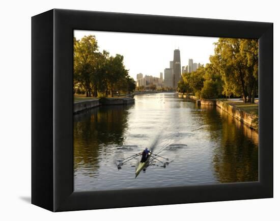 Rowers in Lincoln Park lagoon at dawn, Chicago, Illinois, USA-Alan Klehr-Framed Premier Image Canvas