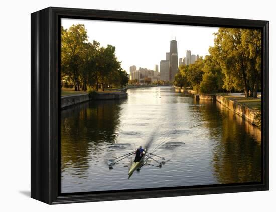 Rowers in Lincoln Park lagoon at dawn, Chicago, Illinois, USA-Alan Klehr-Framed Premier Image Canvas