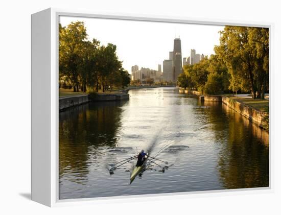 Rowers in Lincoln Park lagoon at dawn, Chicago, Illinois, USA-Alan Klehr-Framed Premier Image Canvas